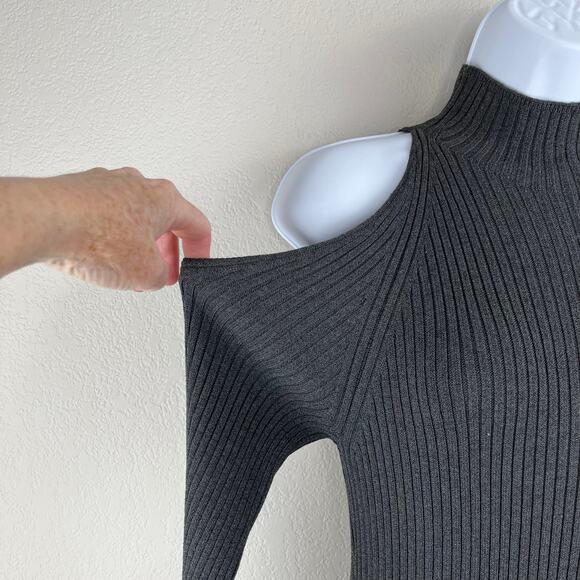 ASTR Charcoal Gray Cold Shoulder Mock Neck Bodycon Midi Sweater Dress Medium NWT - Picture 7 of 14